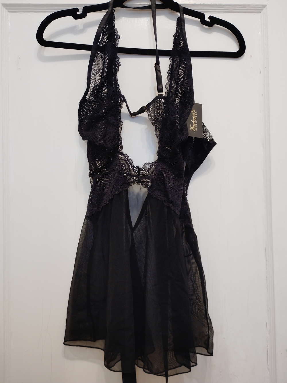 New Frederick's of Hollywood Black Lace Halter Mesh Chemise W/Thong Brielle L/XL